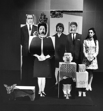 Marisol with her sculpture of the British royal family at the Sidney Janis gallery in 1967.